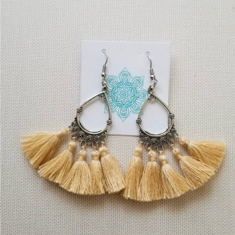 Silver and Cream Teardrop Earrings with Tassel Fringe